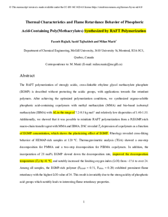 Thermal characteristics and flame retardance behavior of phosphoric acid-containing poly(methacrylates) synthesized by RAFT polymerization thumbnail