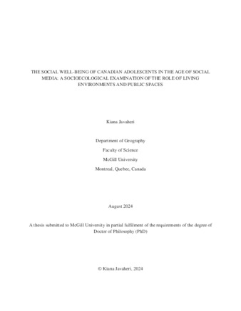 The social well-being of Canadian adolescents in the age of social media: A socioecological examination of the role of living environments and public spaces. thumbnail