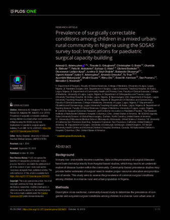 Prevalence of surgically correctable conditions among children in a mixed urban-rural community in Nigeria using the SOSAS survey tool: Implications for paediatric surgical capacity-building. thumbnail