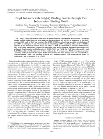 Paip1 Interacts with Poly(A) Binding Protein through Two Independent Binding Motifs thumbnail