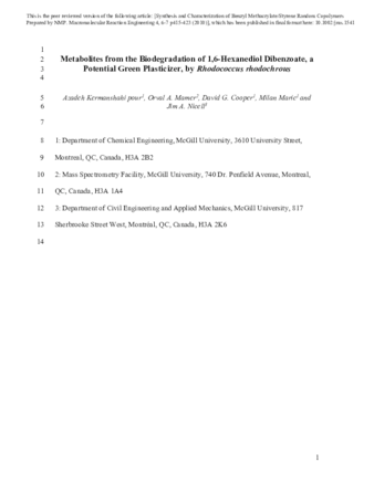 Metabolites from the Biodegradation of 1,6-Hexanediol Dibenzoate, a Potential Green Plasticizer, by Rhodococcus rhodochrous thumbnail