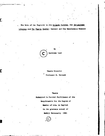 The role of the fugitive in the Orlando furioso, the Gerusalemme liberata and The faerie queene : Spenser and the Renaissance romances thumbnail