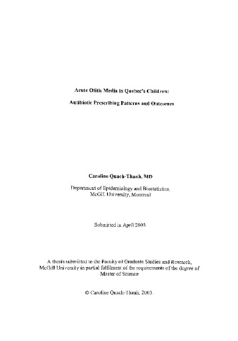 Acute otitis media in Quebec's children : antibiotic prescribing patterns and outcomes thumbnail