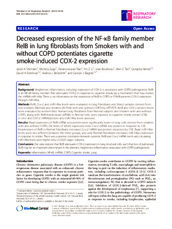 Decreased expression of the NF-κB family member RelB in lung fibroblasts from Smokers with and without COPD potentiates cigarette smoke-induced COX-2 expression thumbnail