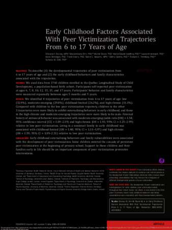 Early Childhood Factors Associated With Peer Victimization Trajectories From 6 to 17 Years of Age thumbnail
