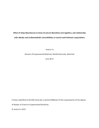 Effect of sleep disturbances on brain structural alterations and cognition, and relationship with obesity and cardiometabolic comorbidities, in normal and Parkinson's populations thumbnail