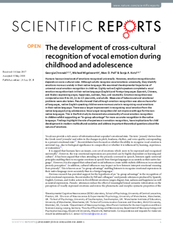 The development of cross-cultural recognition of vocal emotion during childhood and adolescence thumbnail