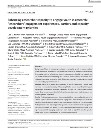 Enhancing researcher capacity to engage youth in research: Researchers’ engagement experiences, barriers and capacity development priorities thumbnail