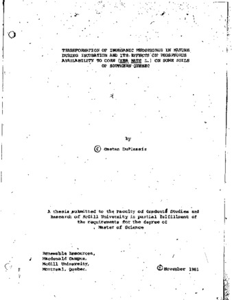 Transformation of inorganic phosphorus in manure during incubation and its effects on phosphorus availability to corn (Zea mays L.) on some soils of southern Quebec. thumbnail