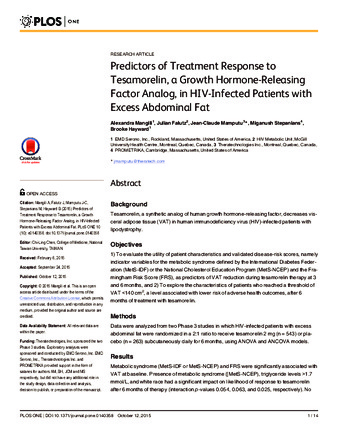 Predictors of Treatment Response to Tesamorelin, a Growth Hormone-Releasing Factor Analog, in HIV-Infected Patients with Excess Abdominal Fat thumbnail