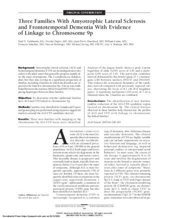 Three Families With Amyotrophic Lateral Sclerosis and Frontotemporal Dementia With Evidence of Linkage to Chromosome 9p thumbnail