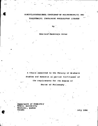 Biscyclopentadienyl complexes of molybdenum (IV) and Tungsten (IV) containing polysulfane ligands thumbnail