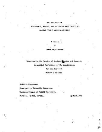 The influence of relatedness, weight, and age on the mate choice of captive female American kestrels / thumbnail