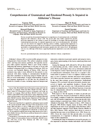 Comprehension of grammatical and emotional prosody is impaired in Alzheimer's disease thumbnail