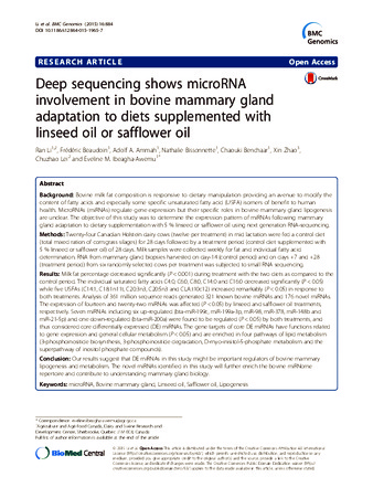 Deep sequencing shows microRNA involvement in bovine mammary gland adaptation to diets supplemented with linseed oil or safflower oil thumbnail