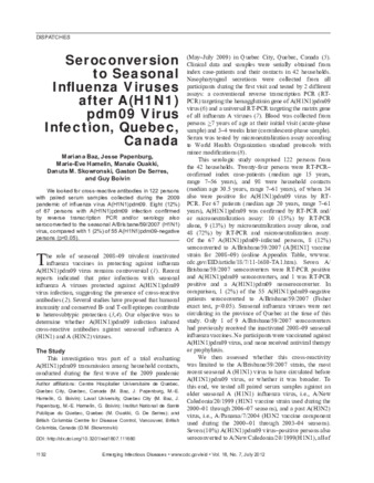 Seroconversion to Seasonal Influenza Viruses after A(H1N1)pdm09 Virus Infection, Quebec, Canada thumbnail