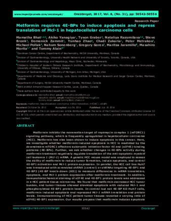 Metformin requires 4E-BPs to induce apoptosis and repress translation of Mcl-1 in hepatocellular carcinoma cells thumbnail