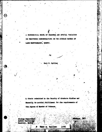 A mathematical model of seasonal and spatial variation in phosphorus concentrations in the surface waters of Lake Memphremagog, Quebec / thumbnail