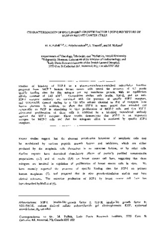 Characterization of insulin-like growth factor I (IGF-I) receptors of human breast cancer cells thumbnail