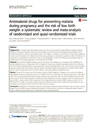 Antimalarial drugs for preventing malaria during pregnancy and the risk of low birth weight: a systematic review and meta-analysis of randomized and quasi-randomized trials thumbnail