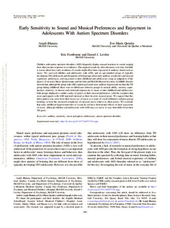 Early sensitivity to sound and musical preferences and enjoyment in adolescents with autism spectrum disorders thumbnail