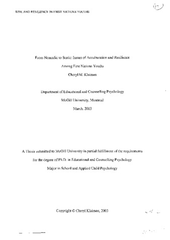 From nomadic to static : issues of acculturation and resilience among First Nations youths thumbnail