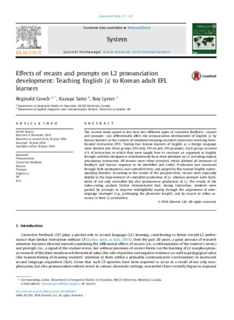 Effects of recasts and prompts on L2 pronunciation development: Teaching English /ɹ/ to Korean adult EFL learners thumbnail