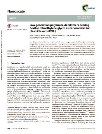 Low generation polyamine dendrimers bearing flexible tetraethylene glycol as nanocarriers for plasmids and siRNA thumbnail