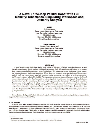 A Novel Three-loop Parallel Robot with FullMobility: Kinematics, Singularity, Workspace and Dexterity Analysis thumbnail