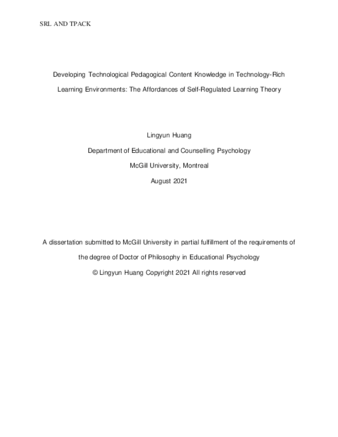 Developing technological pedagogical content knowledge in technology-rich learning environments: The affordances of self-regulated learning theory thumbnail