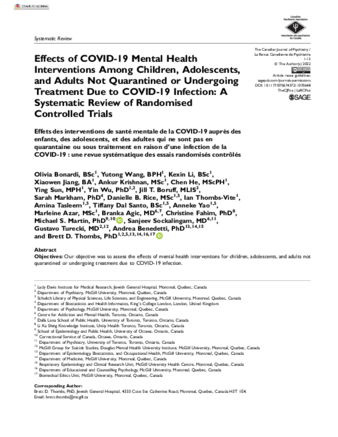 Effects of COVID-19 Mental Health Interventions Among Children, Adolescents, and Adults Not Quarantined or Undergoing Treatment Due to COVID-19 Infection: A Systematic Review of Randomised Controlled Trials thumbnail