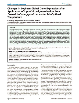 Changes in Soybean Global Gene Expression after Application of Lipo-Chitooligosaccharide from Bradyrhizobium japonicum under Sub-Optimal Temperature thumbnail