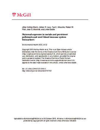 Maternal exposure to metals and persistent pollutants and cord blood immune system biomarkers thumbnail