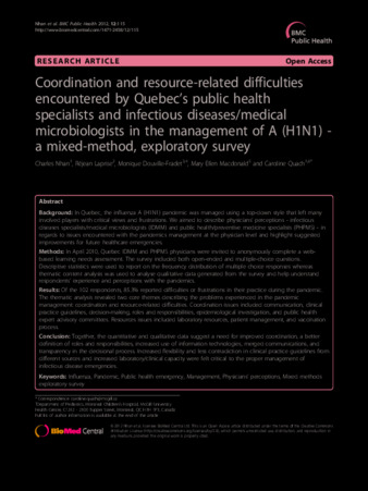 Coordination and resource-related difficulties encountered by Quebec's public health specialists and infectious diseases/medical microbiologists in the management of A (H1N1) - a mixed-method, exploratory survey thumbnail