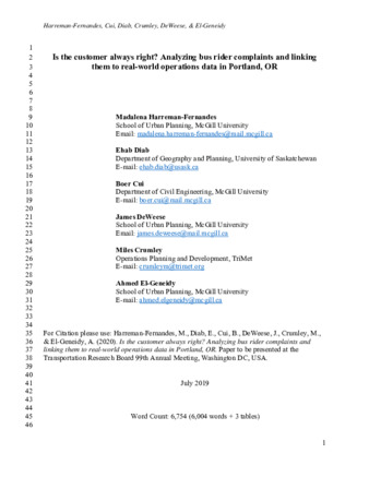 Is the customer always right? Analyzing bus rider complaints and linking them to real-world operations data in Portland, OR thumbnail