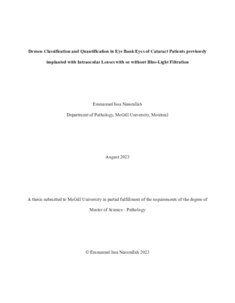 Drusen classification and quantification in eye bank eyes of cataract patients previously implanted with intraocular lenses with or without blue-light filtration thumbnail
