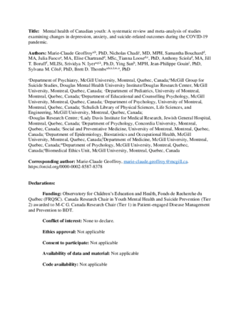 Mental health of Canadian youth: A systematic review and meta-analysis of studies examining changes in depression, anxiety, and suicide-related outcomes during the COVID-19 pandemic. thumbnail