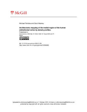 Architectonic mapping of the medial region of the human orbitofrontal cortex by areal density profiles thumbnail