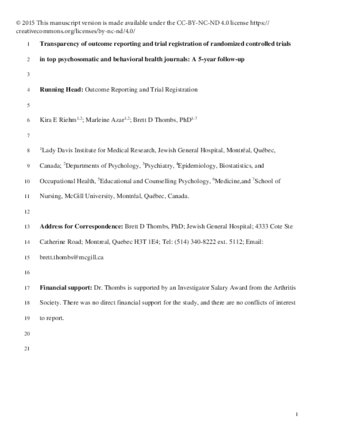 Transparency of outcome reporting and trial registration of randomized controlled trials in top psychosomatic and behavioral health journals: A 5-year follow-up thumbnail