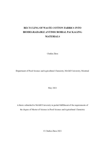 Recycling of waste cotton fabrics into biodegradable antimicrobial packaging materials thumbnail