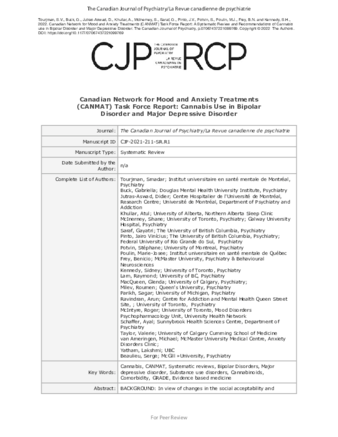 Canadian Network for Mood and Anxiety Treatments (CANMAT) Task Force Report: A Systematic Review and Recommendations of Cannabis use in Bipolar Disorder and Major Depressive Disorder thumbnail