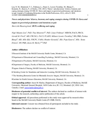 Nurses and physicians distress, burnout, and coping strategies during COVID-19: Stress and impact on perceived performance and intentions to quit. thumbnail