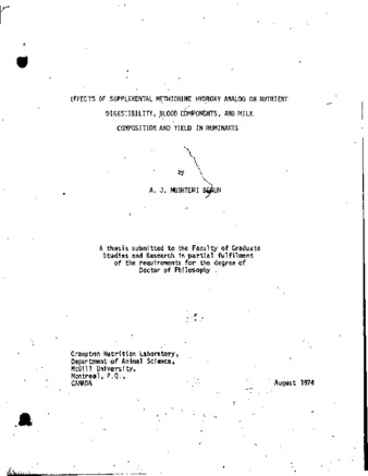 Effects of supplemental methionine hydroxy analog on nutrient digestibility, blood components and milk composition and yield in ruminants. thumbnail