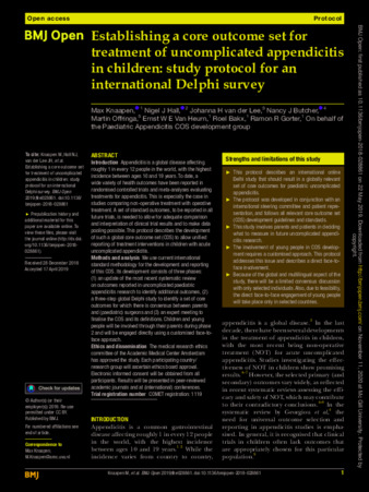 Establishing a core outcome set for treatment of uncomplicated appendicitis in children: study protocol for an international Delphi survey  thumbnail