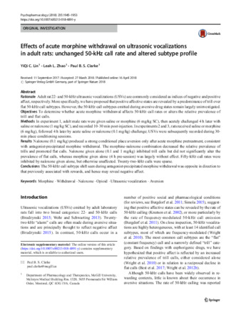 Effects of acute morphine withdrawal on ultrasonic vocalizations in adult rats: unchanged 50-kHz call rate and altered subtype profile thumbnail