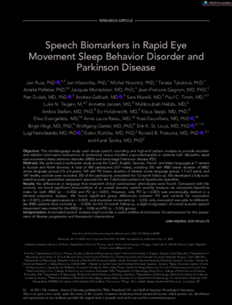 Speech Biomarkers in Rapid Eye Movement Sleep Behavior Disorder and Parkinson Disease thumbnail