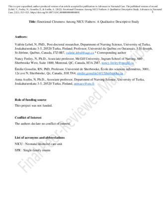 Emotional Closeness Among NICU Fathers A Qualitative Descriptive Study thumbnail