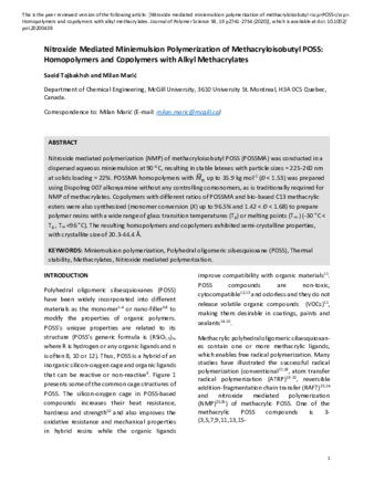 Nitroxide Mediated Miniemulsion Polymerization of Methacryloisobutyl POSS: Homopolymers and Copolymers with Alkyl Methacrylates thumbnail