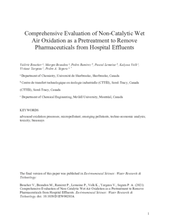 Comprehensive evaluation of non-catalytic wet air oxidation as a pretreatment to remove pharmaceuticals from hospital effluents thumbnail