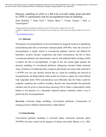 Dynamic modelling of solids in a full-scale activated sludge plant preceded by CEPT as a preliminary step for micropollutant removal modelling thumbnail